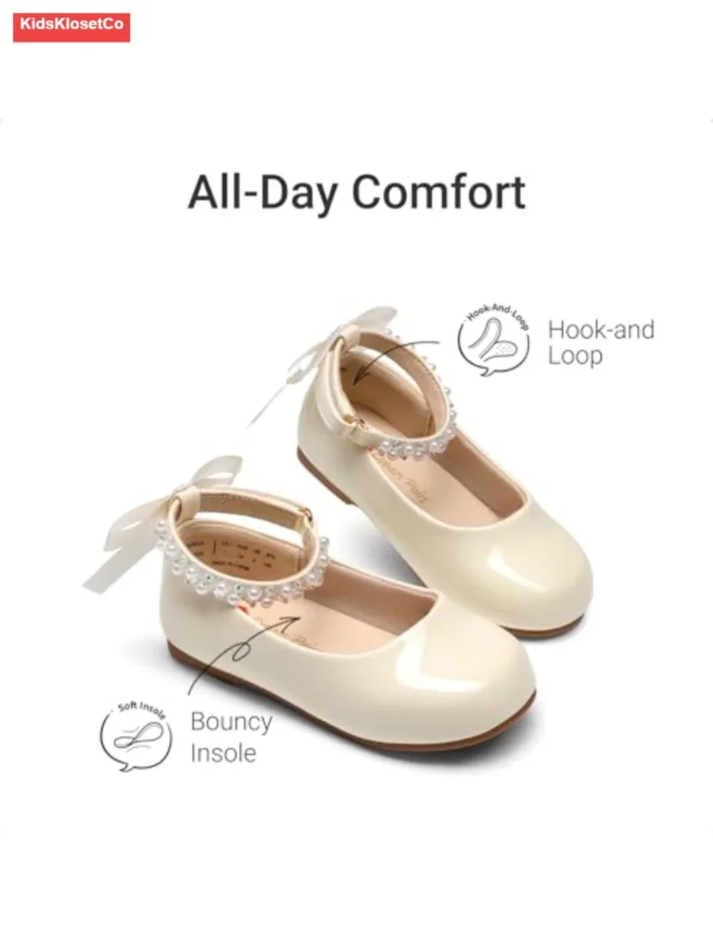 Toddler Girls Mary Jane Ballet Flat Shoes with Pearl Ankle Strap & Satin Bow
